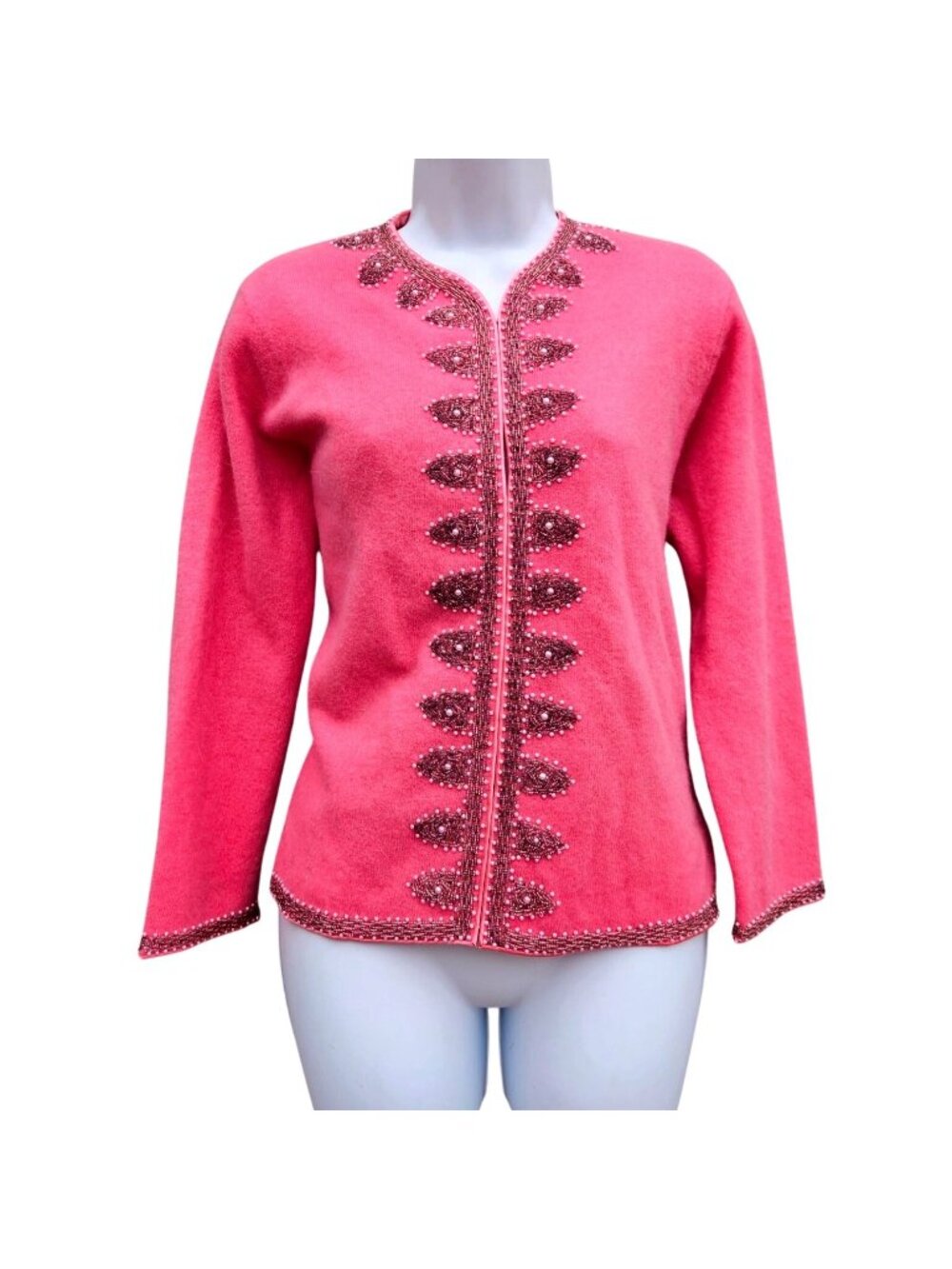Vintage 1960s Hand Beaded Angora Wool Cardigan Pink Pearl Beads Satin S
